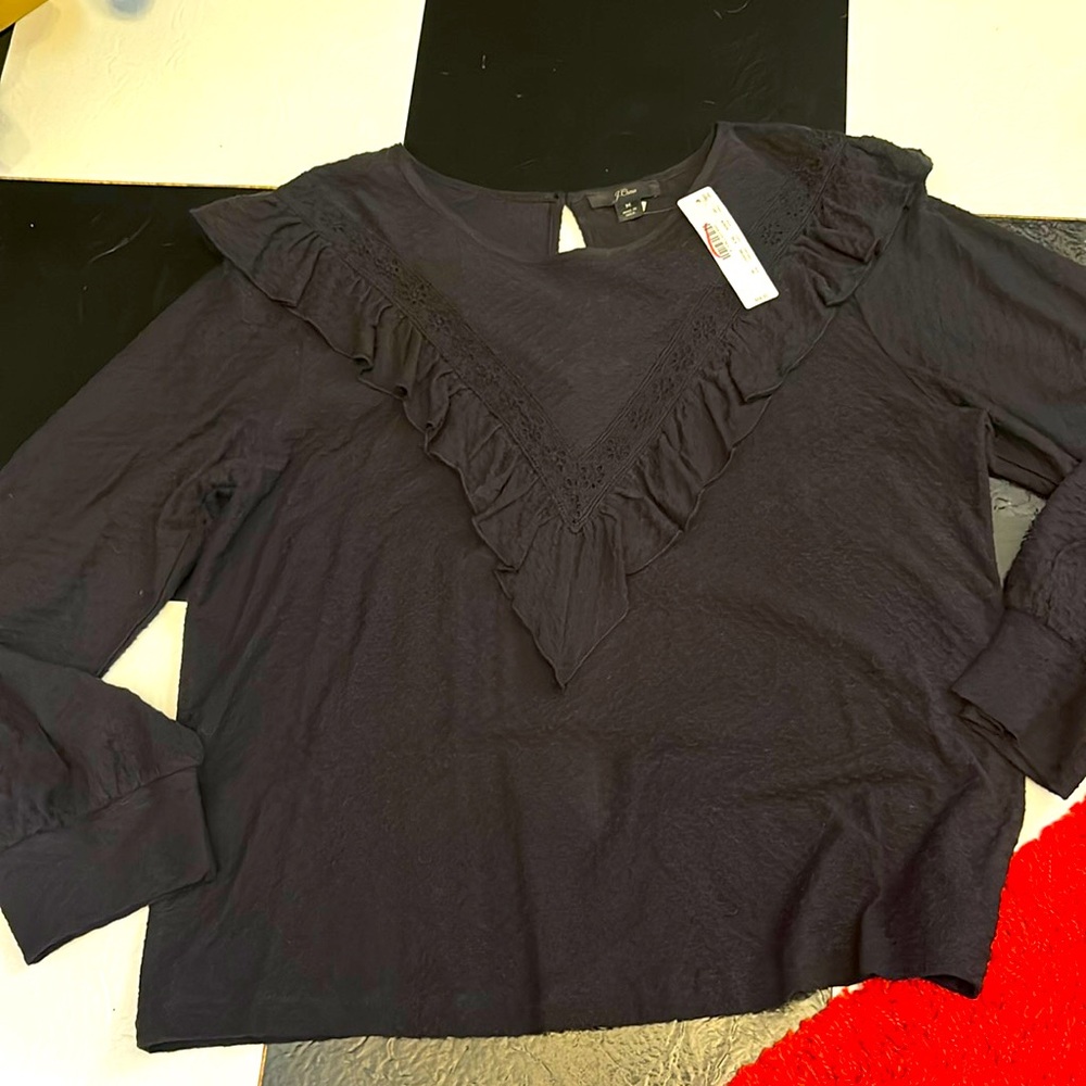 J crew women M long sleeve tee with ruffle NWT